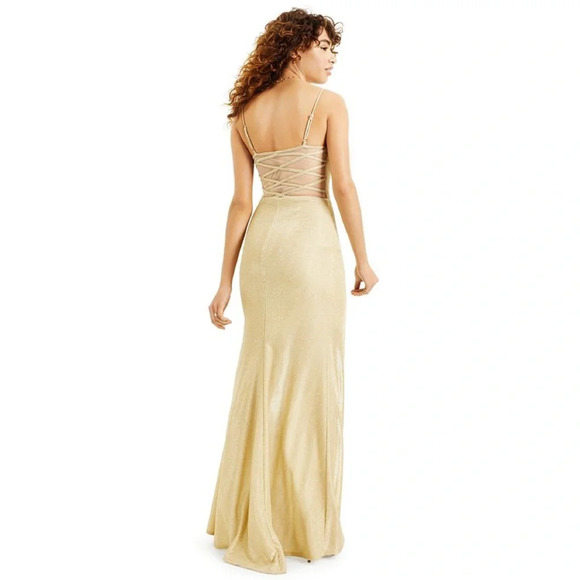 B Darlin Gold Glitter-Knit Maxi Gown with Mesh Back Size 1/2 - Picture 5 of 6